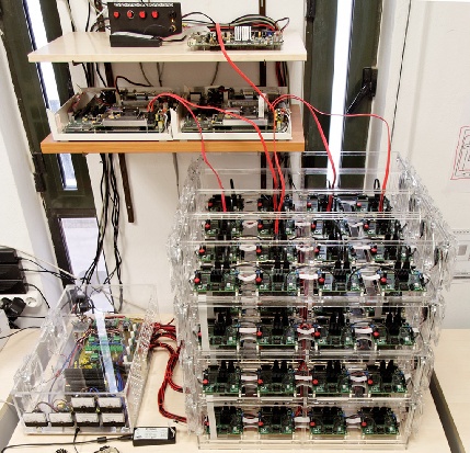64 Formic boards in a 4x4x4 (3D) mesh interconnection, connected to 2 ARM systems and 1 XUP board